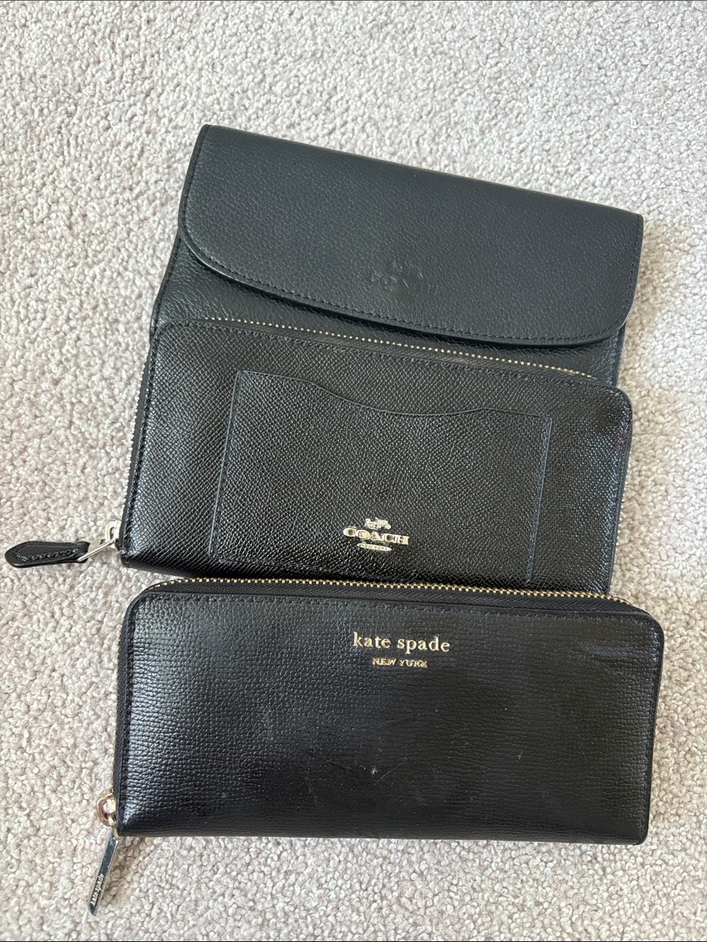 2 Coach & Kate Spade Black Leather Wallets - bundle